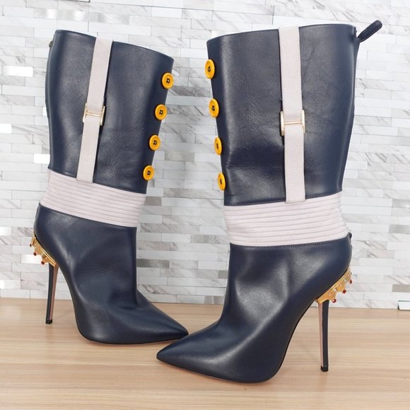 Italian Leather Boots 10 Knee High‎ Swarovski Gold Crown Quite Luxury Blue $1288 - Picture 3 of 16
